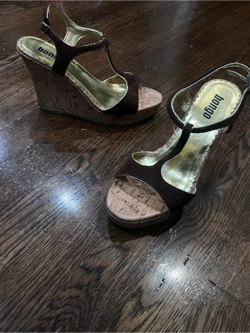 BONGO Dark Brown Suede Cork Wedge Sandals